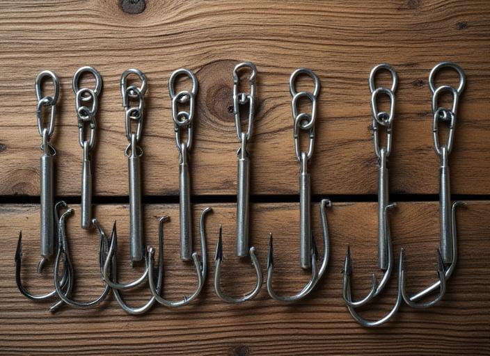 Serie di ami da pesca di diverse dimensioni esposti su legno